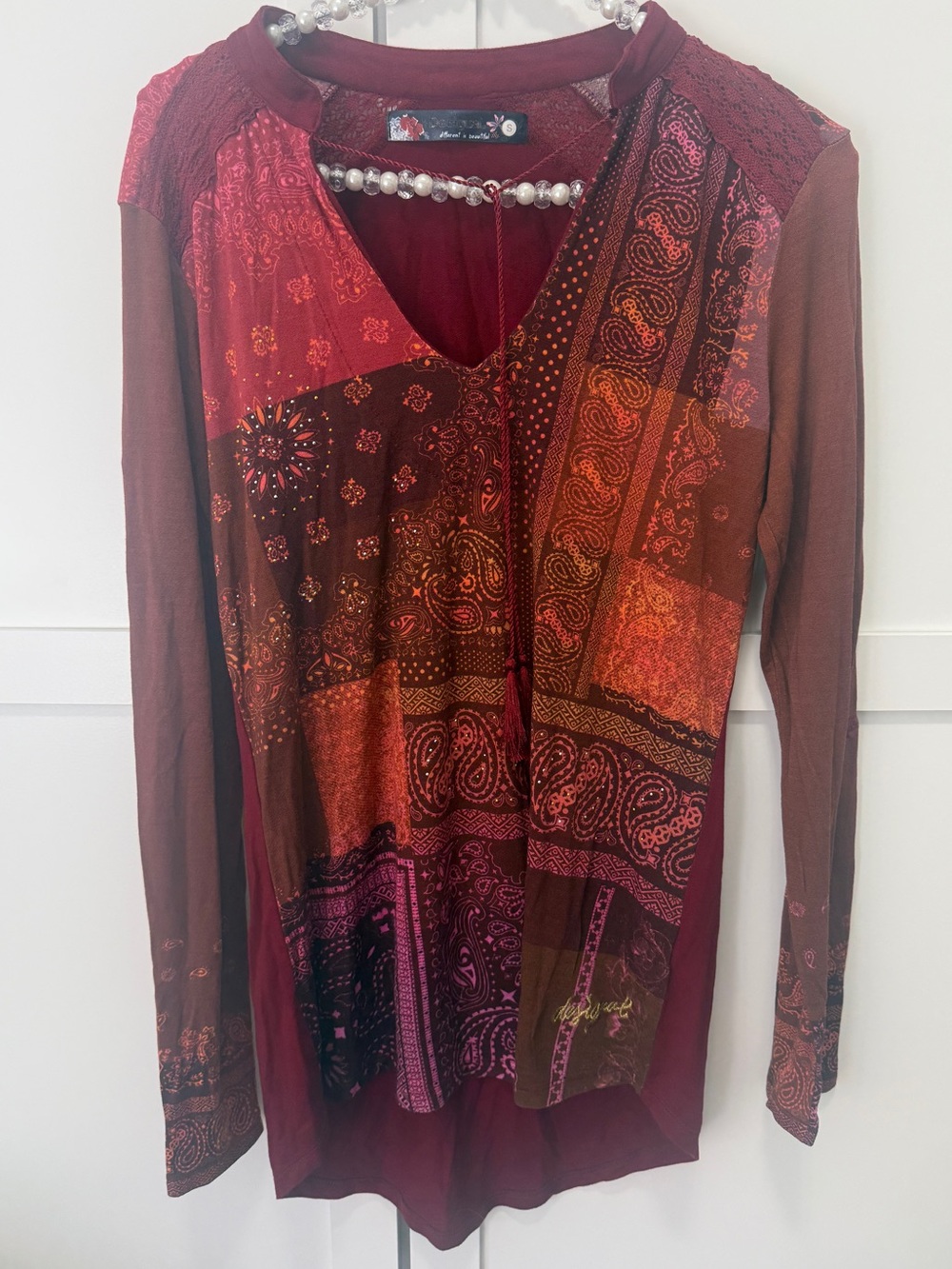 Desigual Patchwork Paisley Long Sleeve Tunic Top Size S